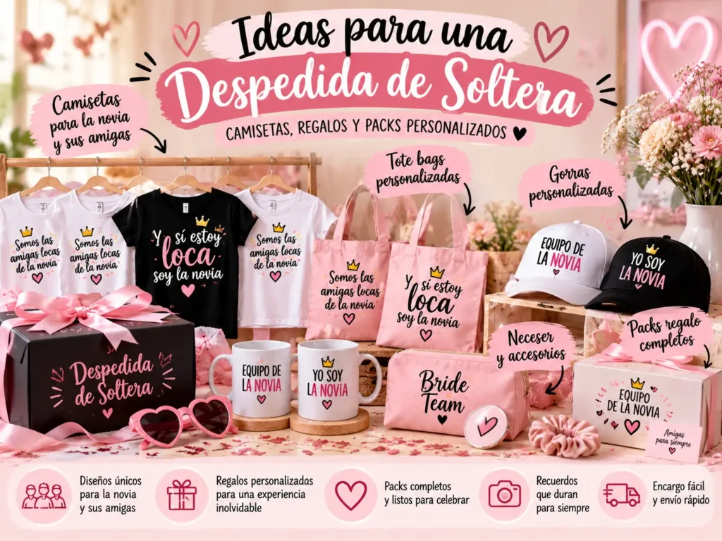 Ideas para despedidas de soltera con camisetas para la novia y sus amigas, tote bags rosas, gorras, tazas y packs personalizados.