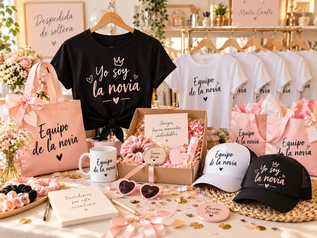 Ideas para despedida de soltera con camisetas personalizadas para la novia y sus amigas, tote bags, gorras y pack regalo.