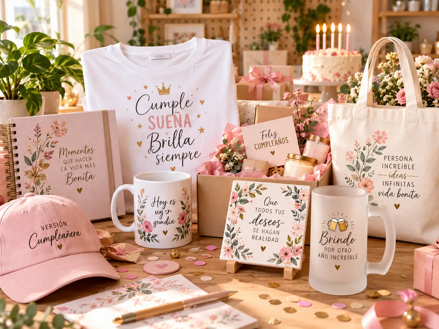 Selección de regalos personalizados para cumpleaños con camiseta, tazas, álbum de recuerdos, gorra, tote bag y pack regalo.