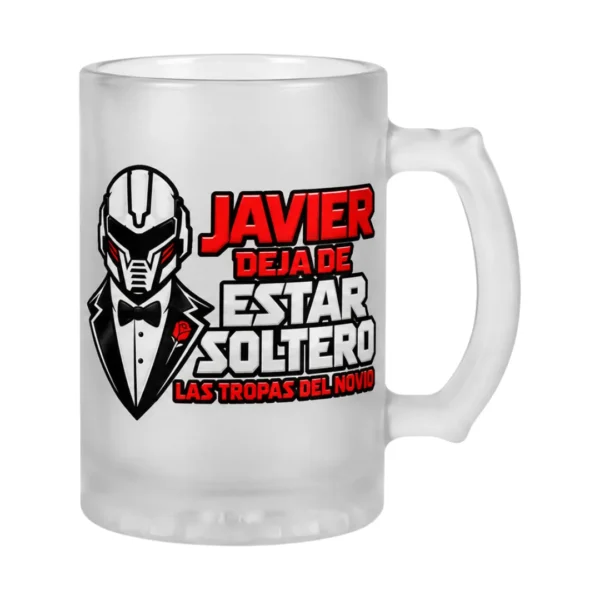 Jarra de cerveza esmerilada de 500 ml con diseño Javier deja de estar soltero y Las tropas del novio para despedida de soltero