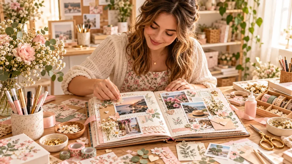 Chica creando un álbum de scrapbooking personalizado con fotos, flores y materiales de manualidades en el taller de Maite Crafts.