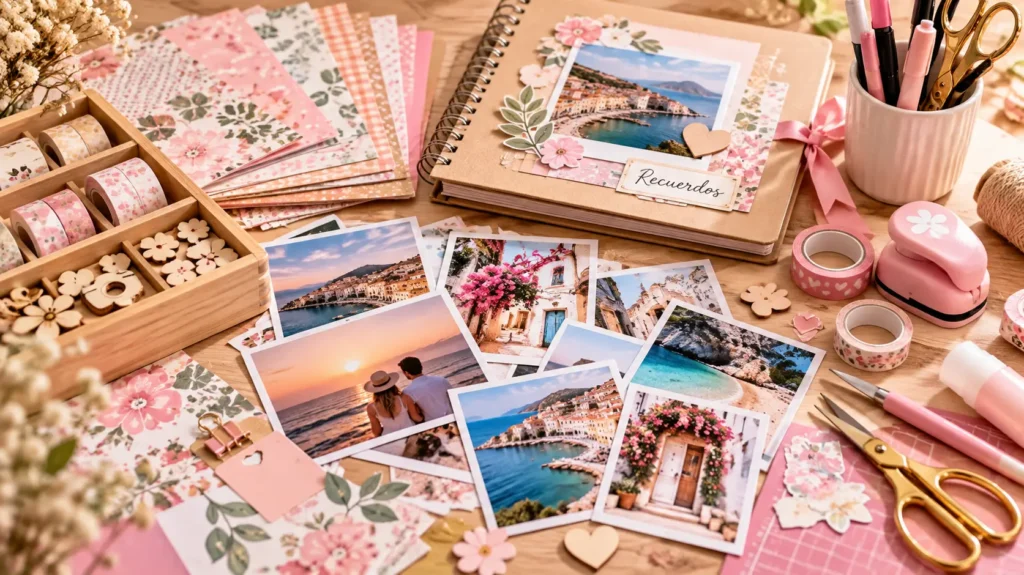 Materiales de scrapbooking con fotografías impresas, papeles decorativos, cintas washi tape, tijeras y álbum personalizado sobre una mesa de trabajo.