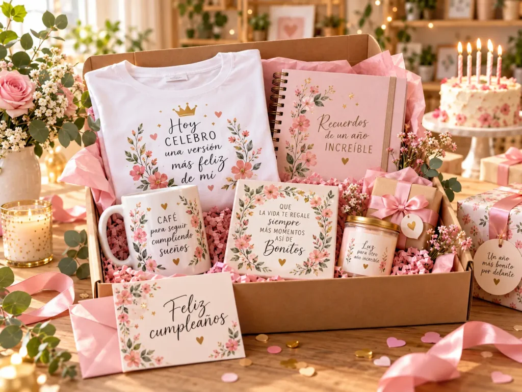 Pack de regalo personalizado para cumpleaños con camiseta, taza, álbum de recuerdos, azulejo decorativo y detalles especiales.