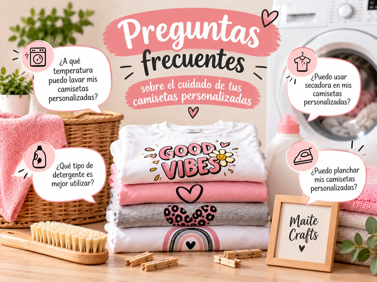 Preguntas frecuentes sobre cómo lavar, secar y planchar camisetas personalizadas para conservar sus estampados DTF, sublimación y vinilo.
