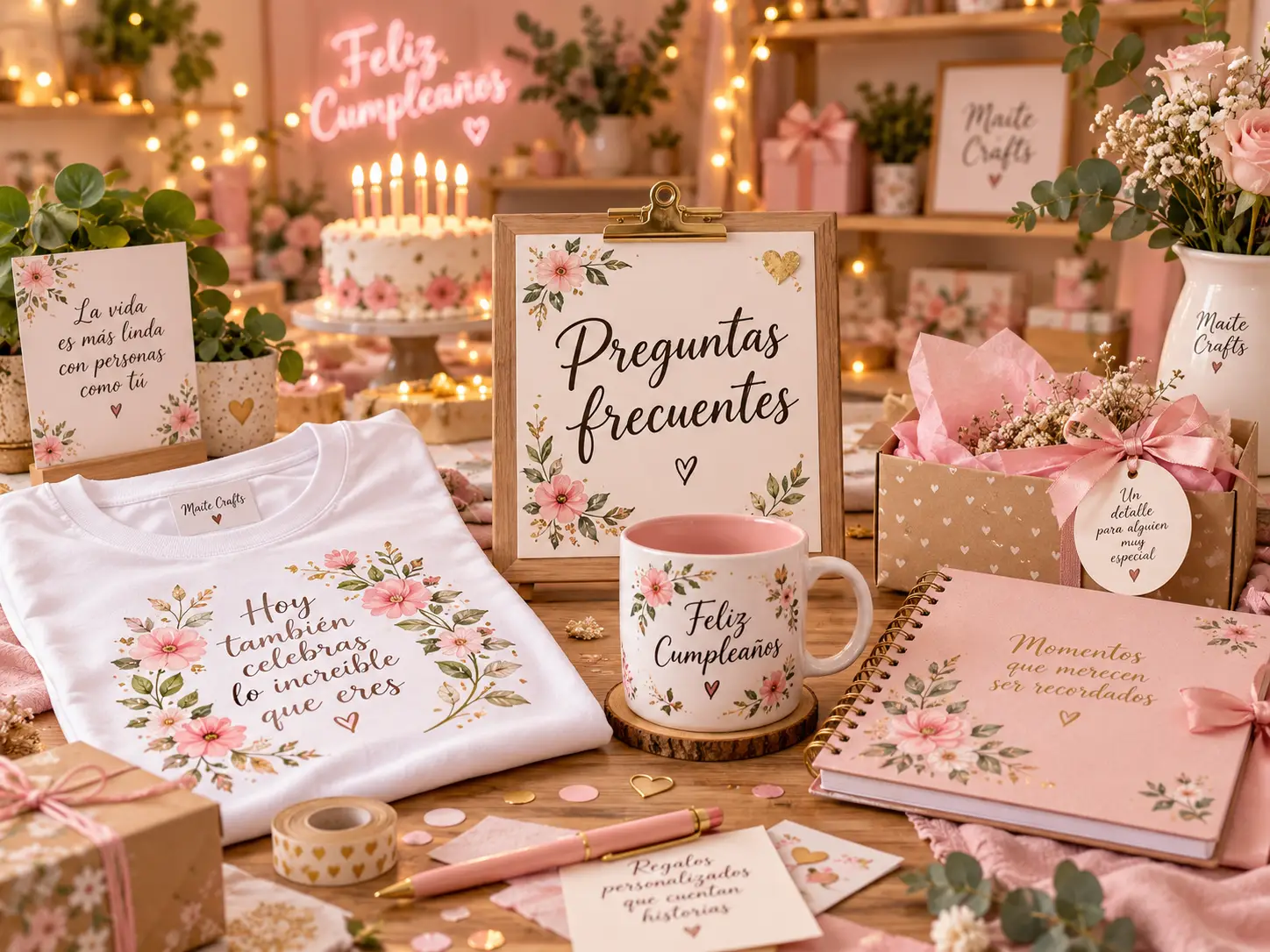 Preguntas frecuentes sobre regalos personalizados para cumpleaños con camiseta, taza, álbum de recuerdos y caja regalo decorada.