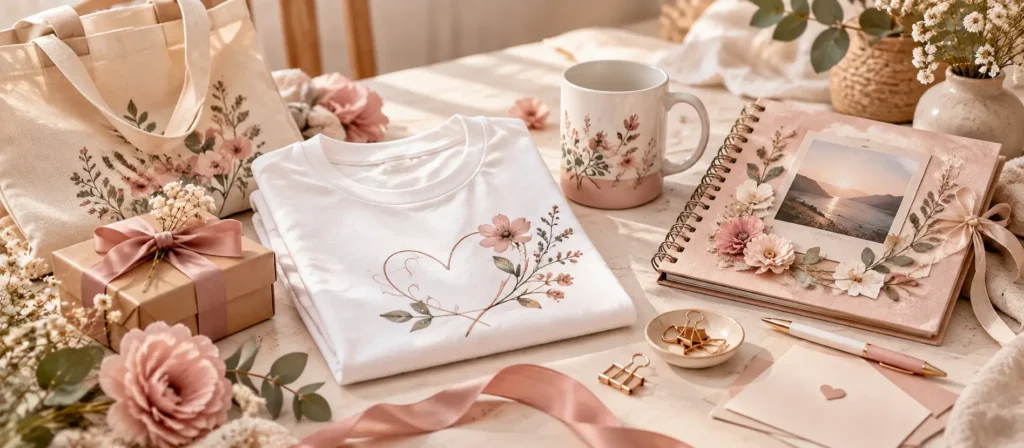 Composición de regalos personalizados con camiseta, taza, tote bag, álbum de scrapbooking y caja regalo.