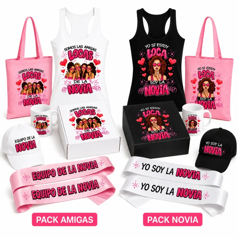 Pack despedida de soltera personalizado para novia y amigas con camiseta, tote bag, taza, gorra y banda