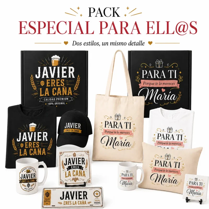 Pack regalo personalizado para mujer y hombre con camiseta, taza, gorra, tote bag y decoración
